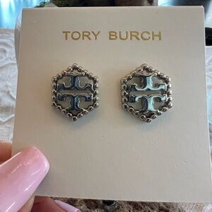 Tory Burch Silver and Black Hexagon Studs